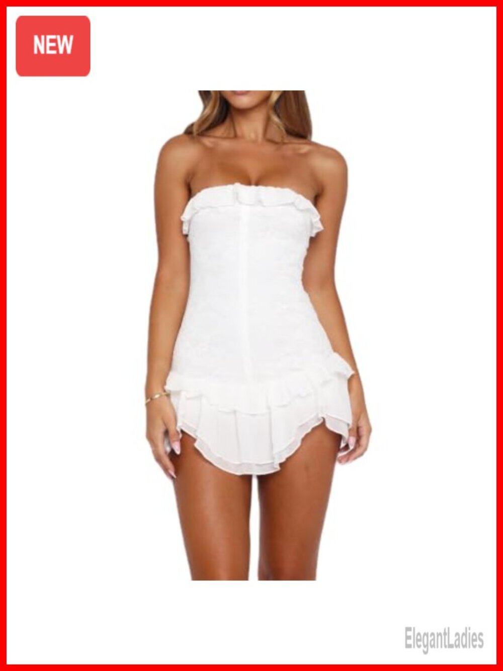 Women Y2K Lace Mini Dress Strapless Backless Ruffle Hem Bodycon Party
